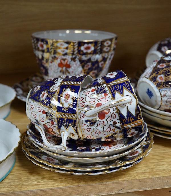 A pair of Victorian bone china figural dishes, an Imari pattern teaset, together with other wares. Condition - mostly fair